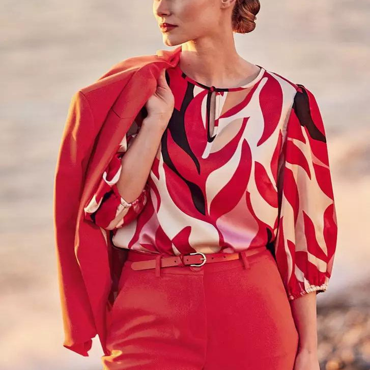 外贸大码女装丝滑缎面印花套头衬衫L82636春夏宽松休闲灯笼袖上衣