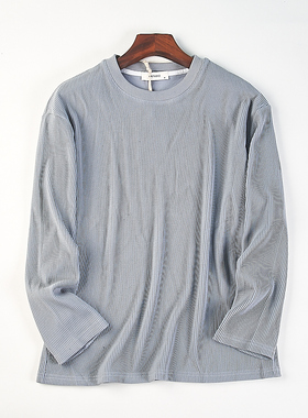 重磅坑条纹肌理感圆领长袖T恤男女85659春季舒适亲肤复古打底衫潮