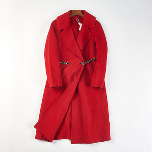 轻奢大红色双面绒大衣女H85444高端冬装 羊毛呢子外套 本命年中长款