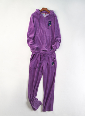 高货休闲运动连帽卫衣长裤套装女H84752秋冬拉链开衫金丝绒两件套