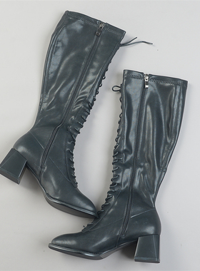 英伦风绑带方头高跟长筒皮靴女10.28L83620秋冬季绒里软皮骑士靴