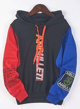 525韩版连帽套头毛圈卫衣男女74762春秋拼色印花亲子童装长袖外套