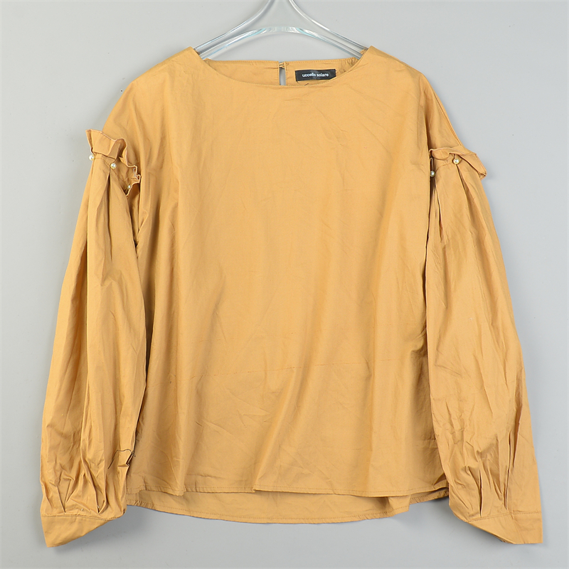 高货日单原宿纯棉套头长袖衬衫女L84690春秋季手工珍珠灯笼袖上衣