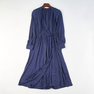 日单高级感人棉V领收腰系带连衣裙85846春季长袖宽松显瘦气质长裙