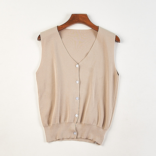高货韩版纯色V领针织开衫马甲女84082秋季全棉无袖毛衣背心短外套