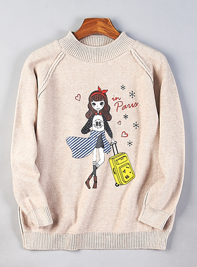 日系复古女生圆领针织衫10.1H80544秋冬可爱印花套头保暖长袖毛衣