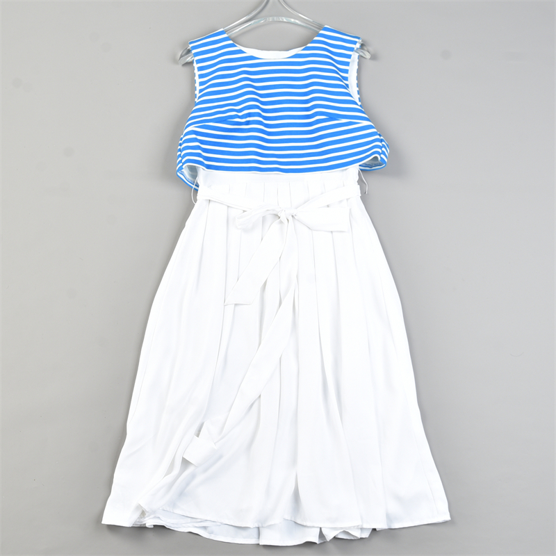 精品学院风假两件连衣裙女L83646条纹高腰百褶A字裙夏季中长裙子