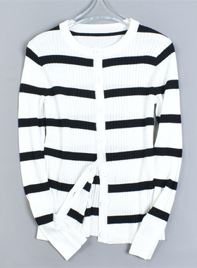 外贸单条纹天丝针织开衫女3.18L82049柔美日系风春季修身长袖上装