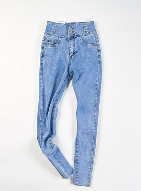 精品韩版高腰显瘦小脚裤水洗牛仔裤女H85353春秋修身休闲百搭长裤