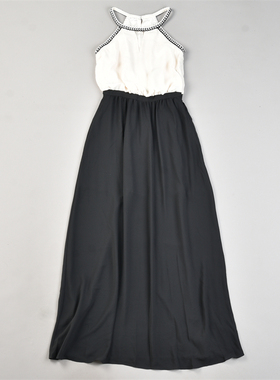 韩版优雅拼接雪纺连衣裙83749高腰显瘦A字裙夏季清凉无袖过膝长裙