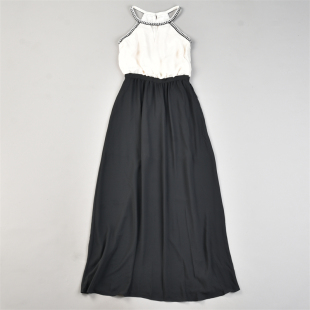 过膝长裙 清凉无袖 韩版 优雅拼接雪纺连衣裙83749高腰显瘦A字裙夏季