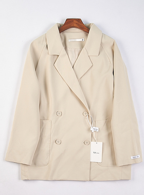 720品质休闲西服外套女式76107复古纯色双排扣宽松显瘦中长款西装