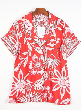 外贸大码女式人棉印花睡衣上装H83588夏季超柔亲肤短袖居家服衬衫