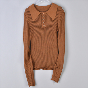1029韩版翻领短款修身针织衫女L75575纯色减龄长袖春秋打底毛线衣