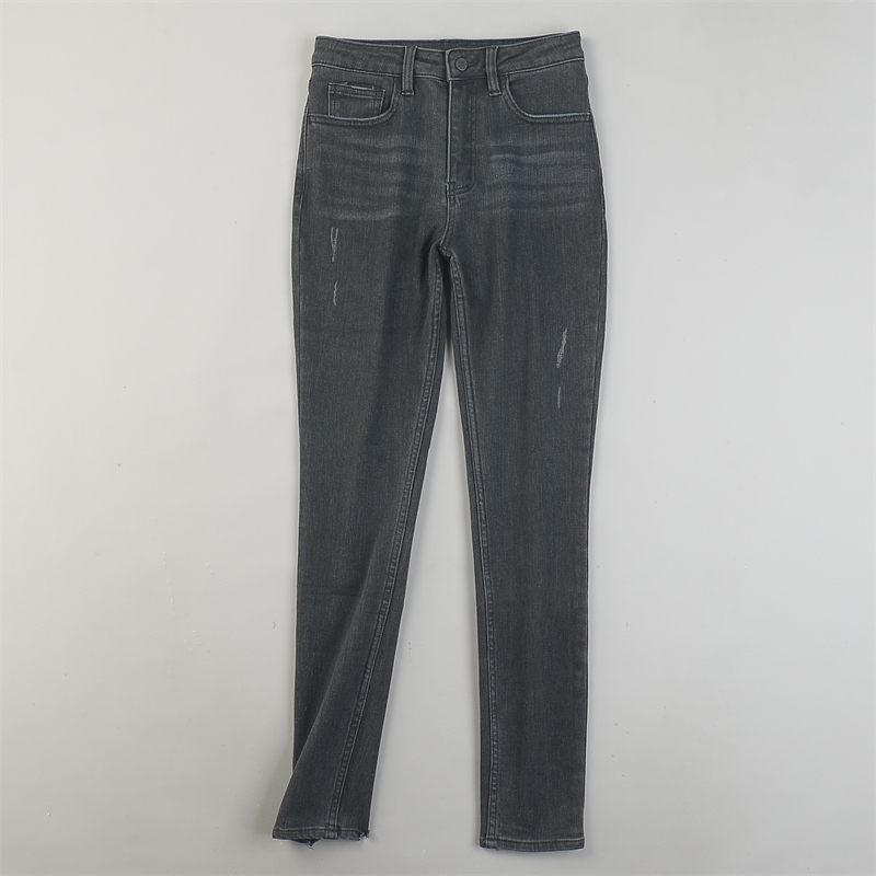 韩版水洗做旧加绒牛仔裤10.21L83436高腰紧身毛边小脚裤秋冬长裤