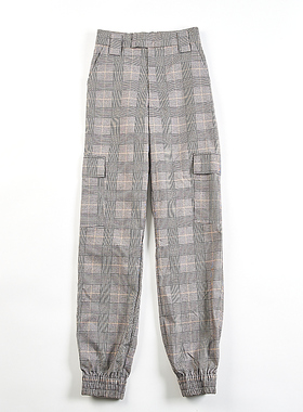 外贸格子休闲长裤女4.22H82157春夏季松紧高腰显瘦修身束脚烟管裤