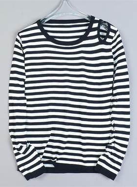 516黑白条文长袖细针织衫女80740镂空肩设计感春秋百搭上衣打底衫