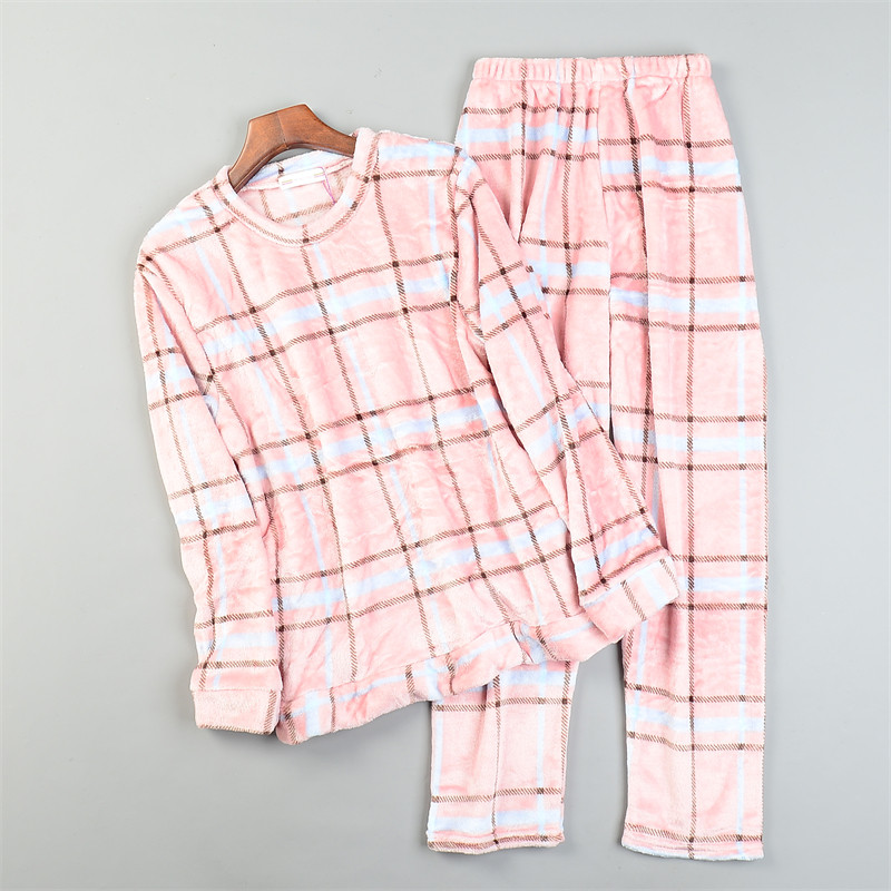 法兰绒格纹家居服睡衣套装L83371秋冬可外穿保暖珊瑚绒休闲两件套