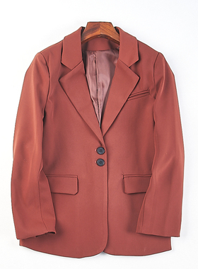 韩版纯色宽松显瘦西装女48H82307春秋复古单排两粒扣长袖西服外套