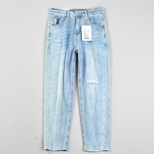 中腰直筒休闲哈伦长裤 韩版 女L83373夏秋季 水洗做旧破洞牛仔裤 新品