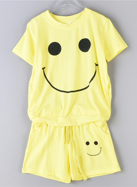 1216男女儿童两件套75734创意笑脸舒适棉质短袖T恤+短裤休闲套装