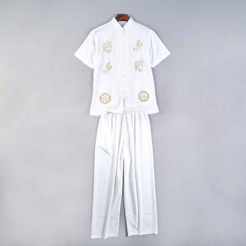 立领绣花短袖上衣阔腿直筒长裤