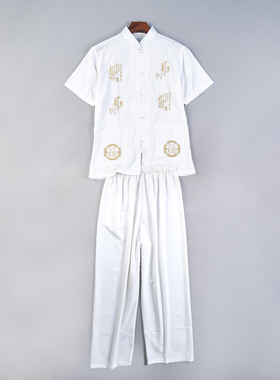 1018男士刺绣国风二件套装80068夏立领短袖上衣+纯色阔腿直筒长裤