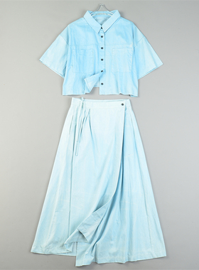 清甜短款衬衫半身裙套装女9.23L84108柔美减龄一片式A字裙两件套