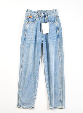 复古水洗高腰直筒牛仔裤女H83421春秋季新款浅蓝色显瘦百搭长裤子