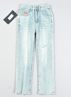 81韩版潮流破洞牛仔裤女L82568秋季显瘦高腰直筒裤小个子休闲长裤