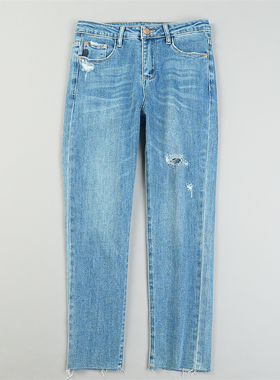 韩版女生中腰破洞毛边牛仔裤潮L83956秋季弹力修身百搭长裤九分裤