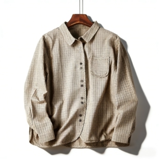 复古文艺通勤上衣 女H86210春夏新款 日系休闲格子宽松翻领长袖 衬衫