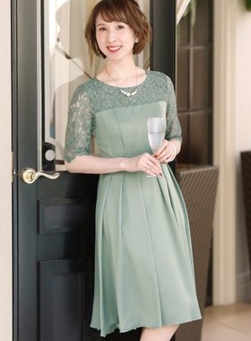 216高端日单缎面轻奢中袖连衣裙女74522蕾丝修身收腰显瘦中长裙子