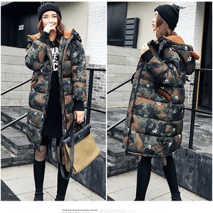 62重磅品质全棉迷彩印花中长款 羽绒服女78621冬宽松连帽保暖外套