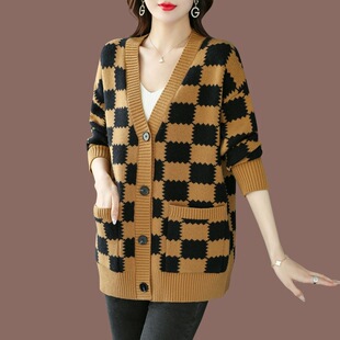 外套 女78522宽松显瘦休闲文艺春秋长袖 216新款 胖MM方格子针织开衫