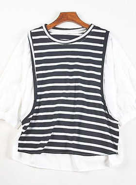 韩版大码女装减龄条纹拼接七分袖衬衫H82883夏季宽松显瘦套头上衣