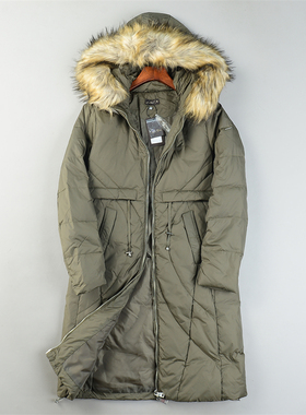 外贸精品连帽中长款羽绒服女L85529抽绳收腰毛领80白鸭绒保暖外套