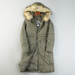 外贸精品连帽中长款羽绒服女L85529抽绳收腰毛领80白鸭绒保暖外套