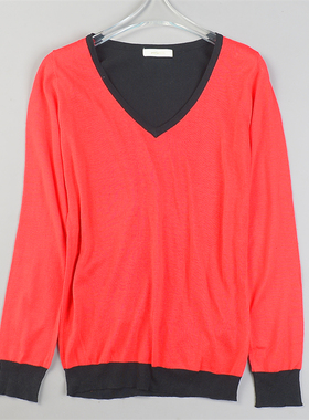 日单拼接撞色V领针织衫女85091软糯细线透气型舒适上衣长袖打底衫