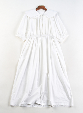 韩版可拆卸娃娃领全棉短袖连衣裙女H82844夏宽松显瘦收腰白色长裙