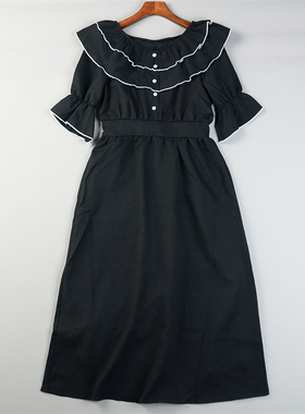 日单法式宫廷荷叶边半袖连衣裙L85836高腰显瘦A字裙春夏减龄长裙