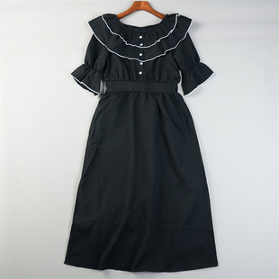 日单法式宫廷荷叶边半袖连衣裙L85836高腰显瘦A字裙春夏减龄长裙