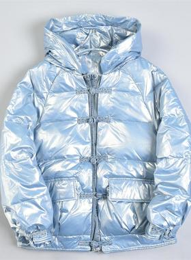 511独立设计师款牛仔刺绣拼接连帽羽绒服女81371真正90白鸭绒外套