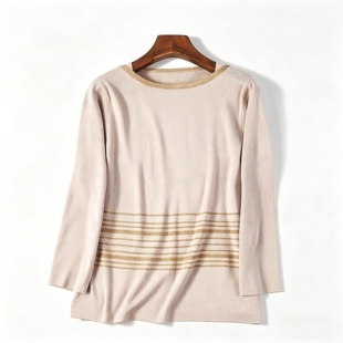 日单轻奢金线条纹针织衫女H86424春秋圆领长袖气质显瘦打底衫上衣
