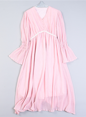韩版优雅气质V领连衣裙女716L79744春夏法式喇叭长袖显瘦高腰长裙