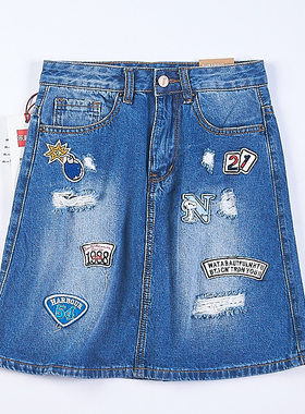 韩版纯棉磨破休闲牛仔裙5.30H74549青春时尚高腰卡通刺绣半身中裙