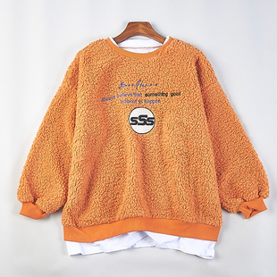 1017刺绣羊羔毛绒圆领套头卫衣女生77038秋冬加厚宽松假两件外套