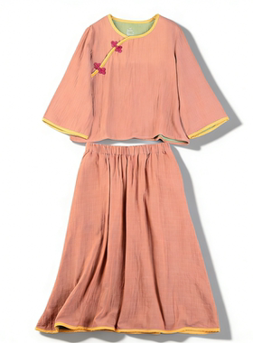 全棉复古新中式套装女L86103文艺风盘扣七分袖上衣高腰长裙两件套