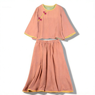 女L86103文艺风盘扣七分袖 上衣高腰长裙两件套 套装 全棉复古新中式