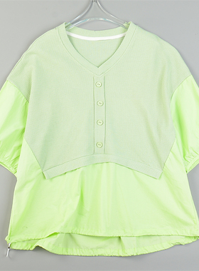 韩版拼接款短袖T恤衬衫女82726宽松显瘦休闲夏秋新款潮流小众上衣